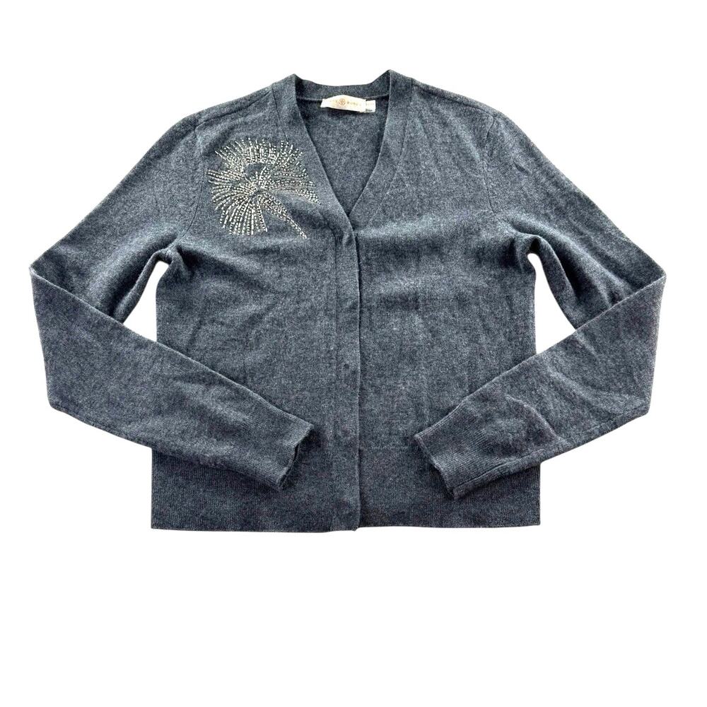 Tory Burch Simone Cardigan Womens XS Grey Merino Wool Beaded Embellished Sweater